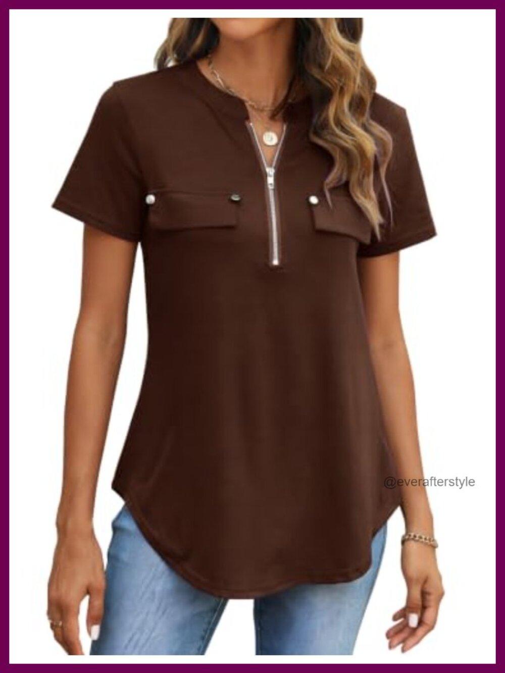Womens Dressy Casual Short Sleeve V Neck Zip Flowy Summer Blouse Tunic Top